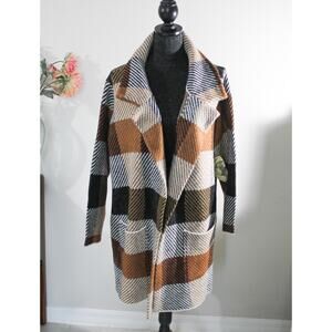One World Plaid Cardigan Coat 2X Tan Brown Black New With Tags Cozy Duster